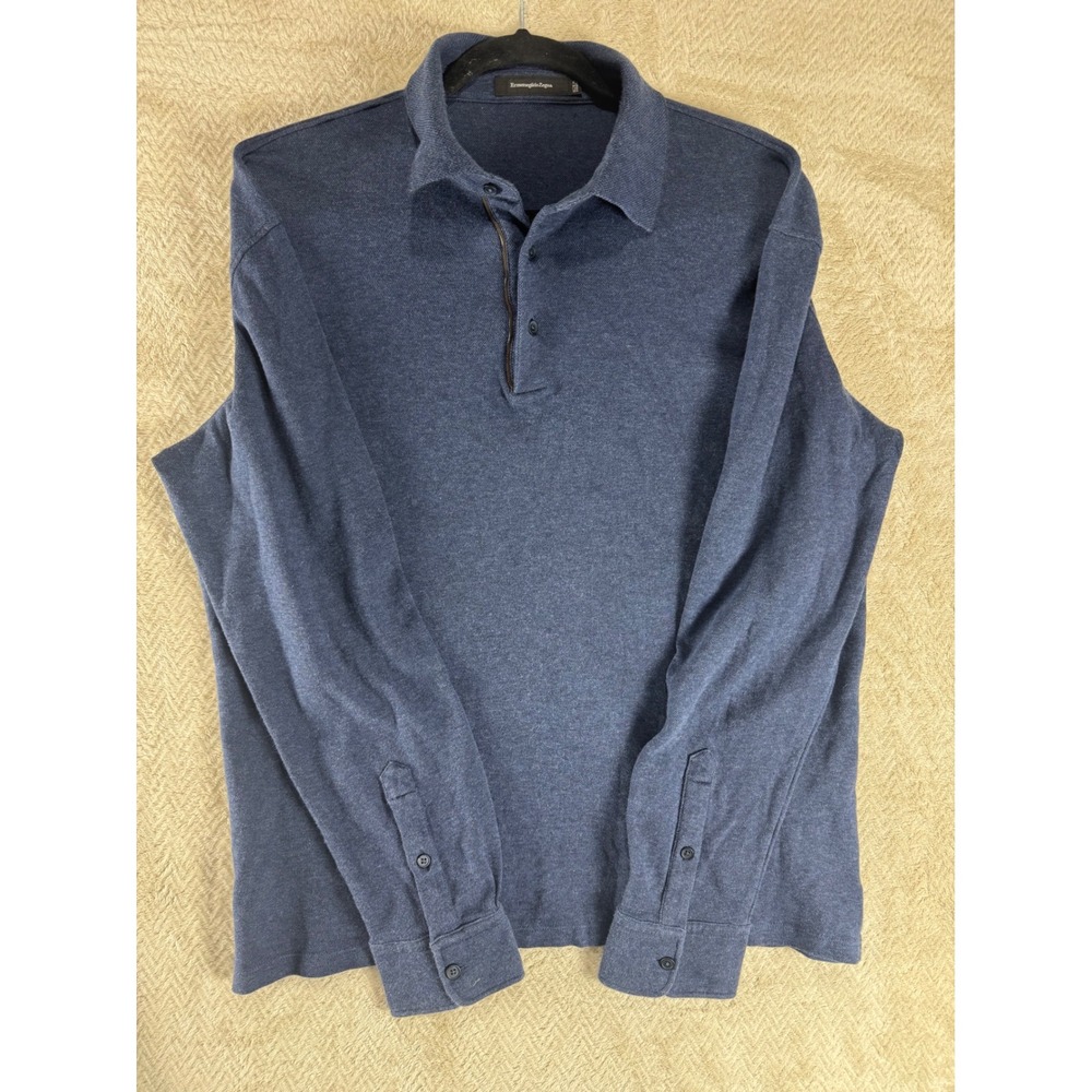 Ermenegildo Zegna Mens Blue Cotton Long Sleeve Polo Shirt XL 54 4UR344 850 - Picture 2 of 10